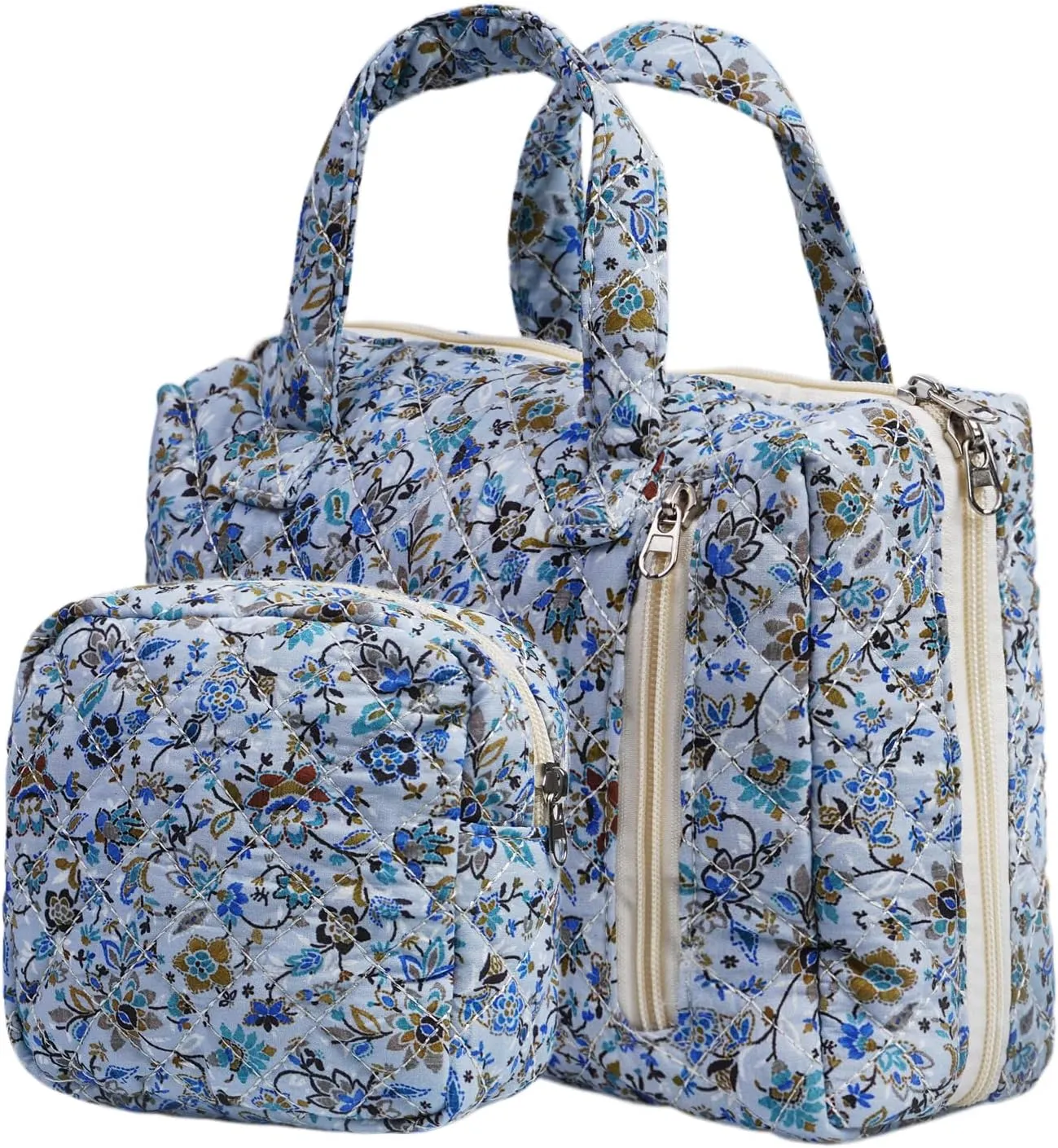 Cute Quilted Floral Makeup Bag(2Pcs)Coquette Aesthetic Cosmetic BagTravel Toiletry Bags Kawaii Aesthetic pouch for Women (14-BlueVine)