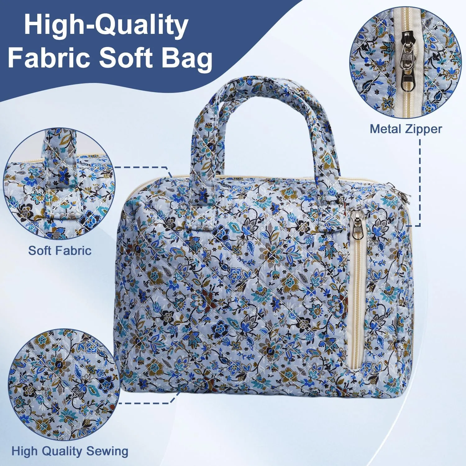 Cute Quilted Floral Makeup Bag(2Pcs)Coquette Aesthetic Cosmetic BagTravel Toiletry Bags Kawaii Aesthetic pouch for Women (14-BlueVine)
