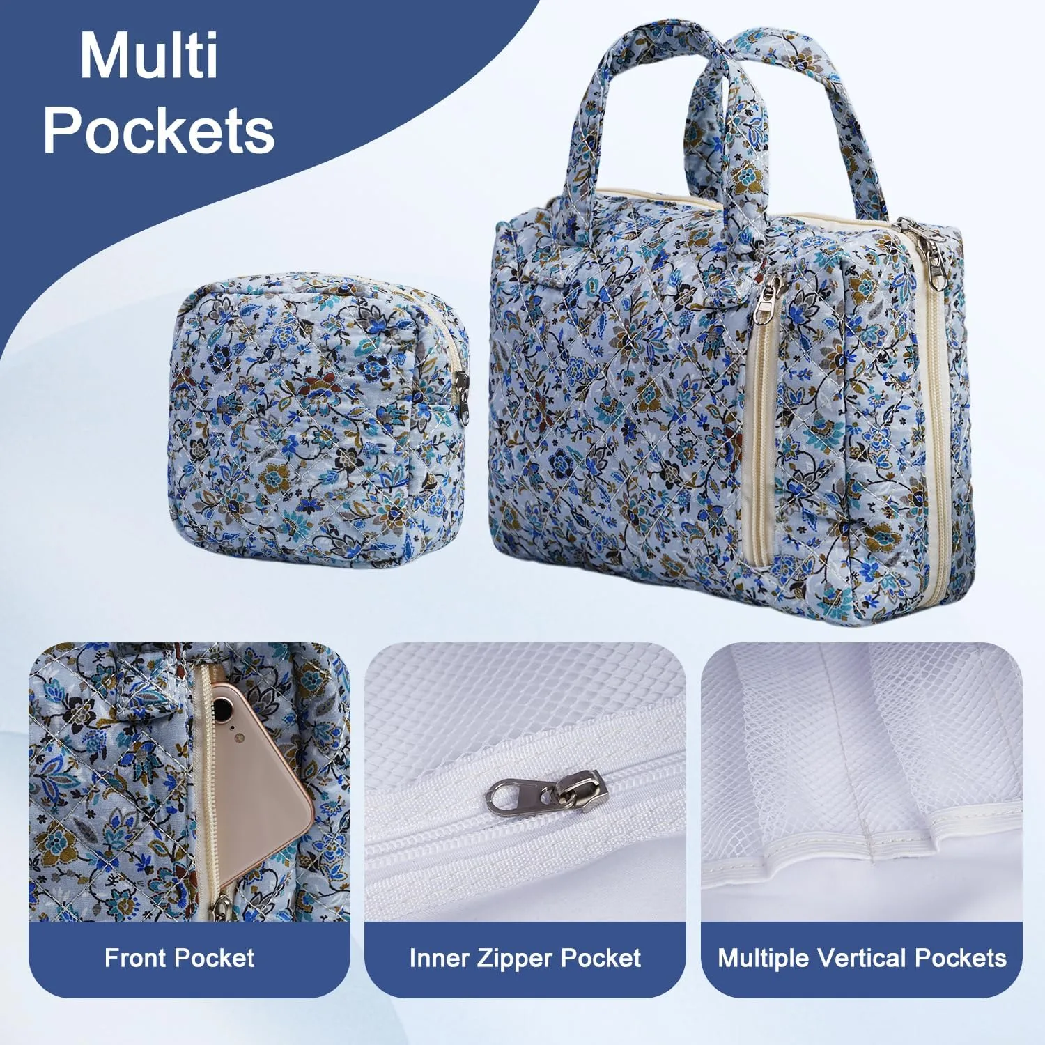 Cute Quilted Floral Makeup Bag(2Pcs)Coquette Aesthetic Cosmetic BagTravel Toiletry Bags Kawaii Aesthetic pouch for Women (14-BlueVine)