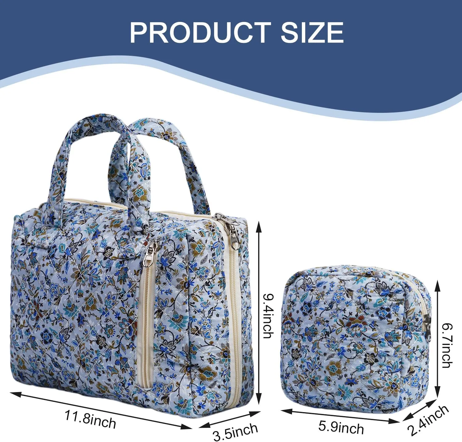 Cute Quilted Floral Makeup Bag(2Pcs)Coquette Aesthetic Cosmetic BagTravel Toiletry Bags Kawaii Aesthetic pouch for Women (14-BlueVine)