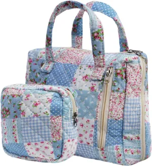 Cute Quilted Floral Makeup Bag(2Pcs)Coquette Aesthetic Cosmetic BagTravel Toiletry Bags Kawaii Aesthetic pouch for Women (15-GridRose)