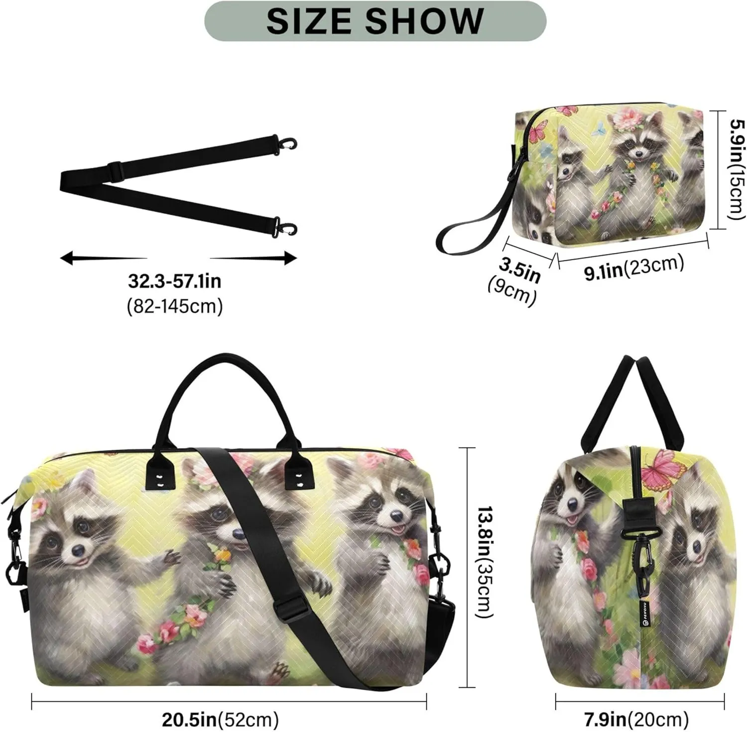 Cute Raccoons Flowers Travel Duffel Bags Cosmetic Bag Set of 2, Print Women Gym Bag Small Carry on Bag