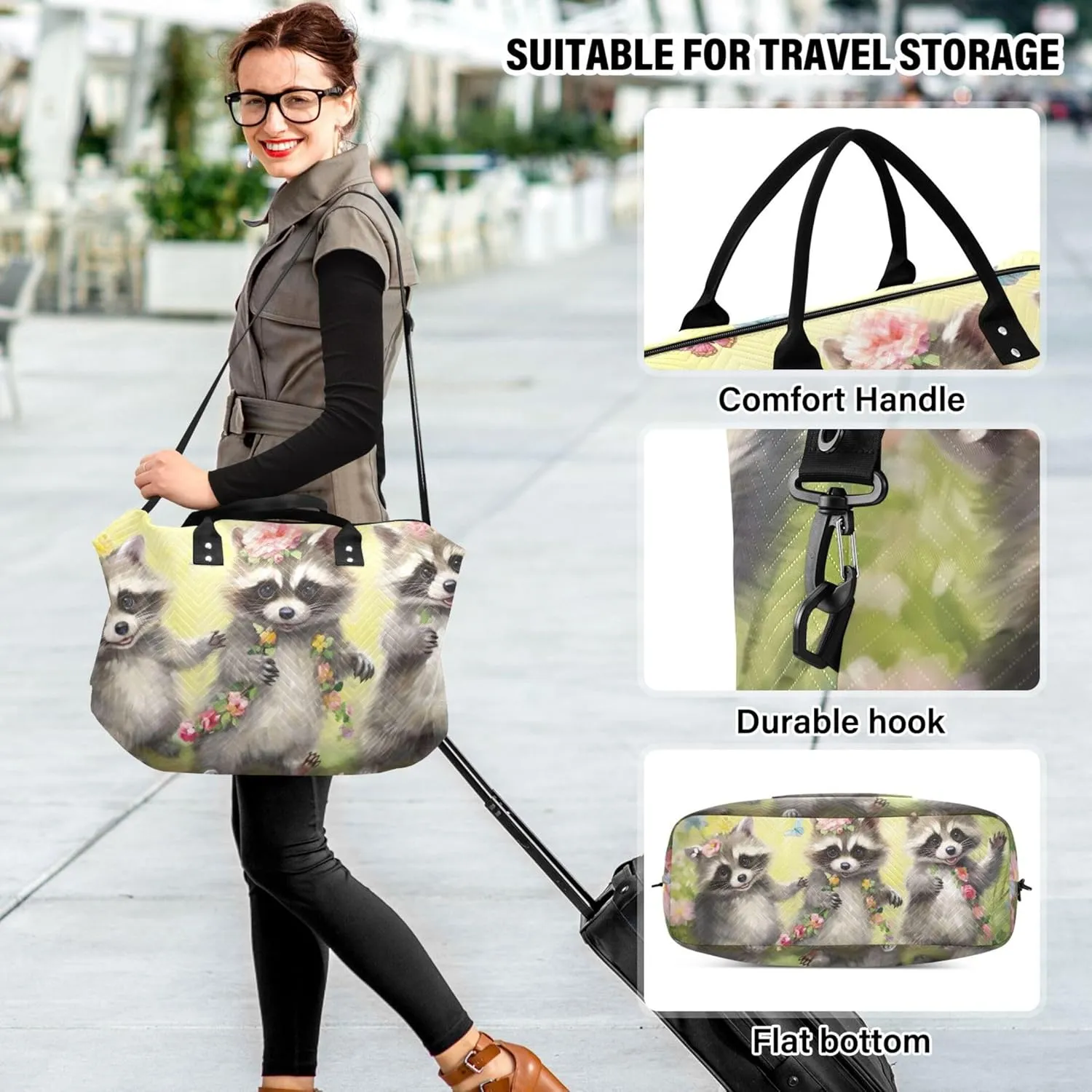 Cute Raccoons Flowers Travel Duffel Bags Cosmetic Bag Set of 2, Print Women Gym Bag Small Carry on Bag