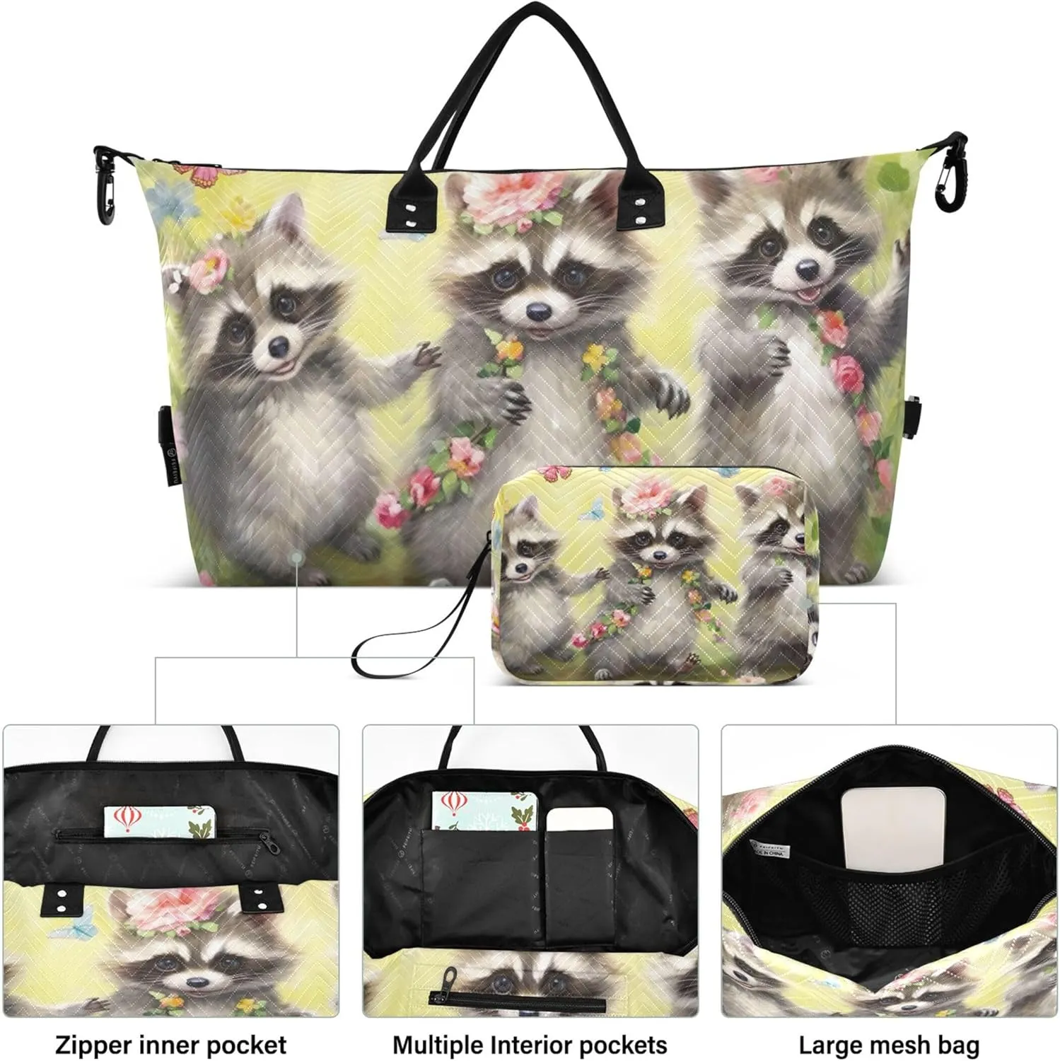Cute Raccoons Flowers Travel Duffel Bags Cosmetic Bag Set of 2, Print Women Gym Bag Small Carry on Bag