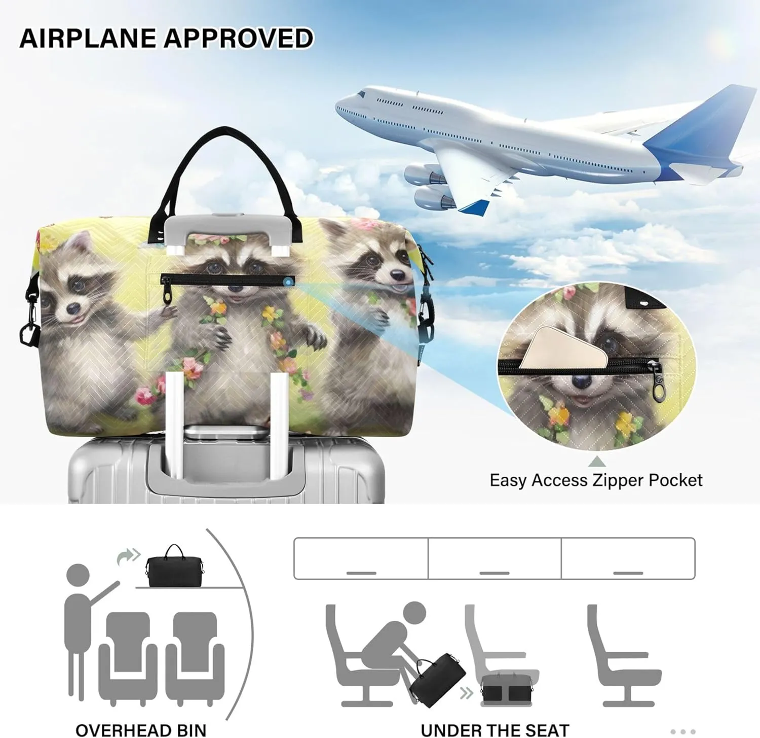 Cute Raccoons Flowers Travel Duffel Bags Cosmetic Bag Set of 2, Print Women Gym Bag Small Carry on Bag