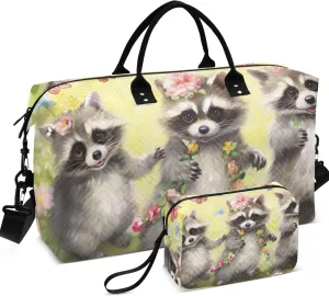 Cute Raccoons Flowers Travel Duffel Bags Cosmetic Bag Set of 2, Print Women Gym Bag Small Carry on Bag