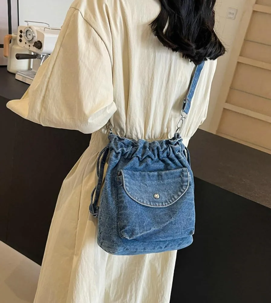 Denim Bucket Bags for Women Chic Y2K Purse Trendy Handbags Underarm Bag Satchel 2024