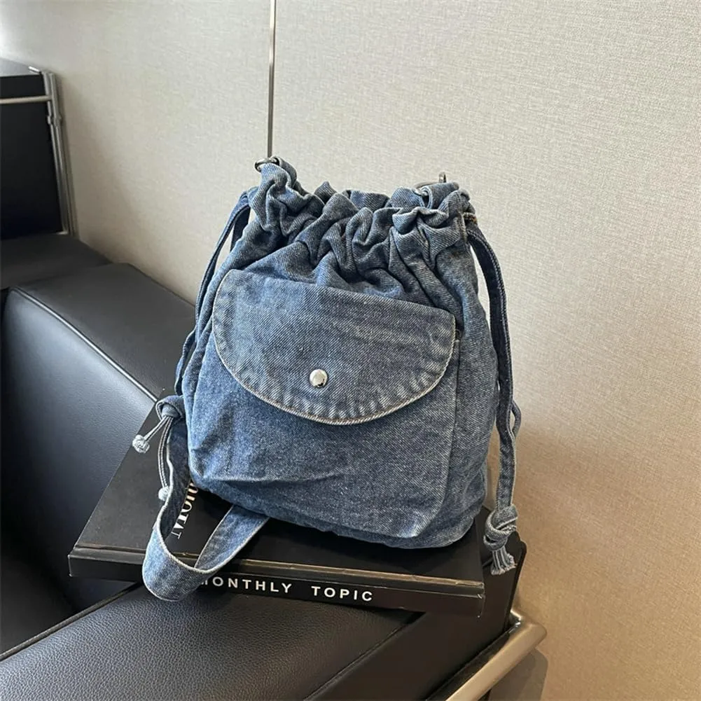 Denim Bucket Bags for Women Chic Y2K Purse Trendy Handbags Underarm Bag Satchel 2024