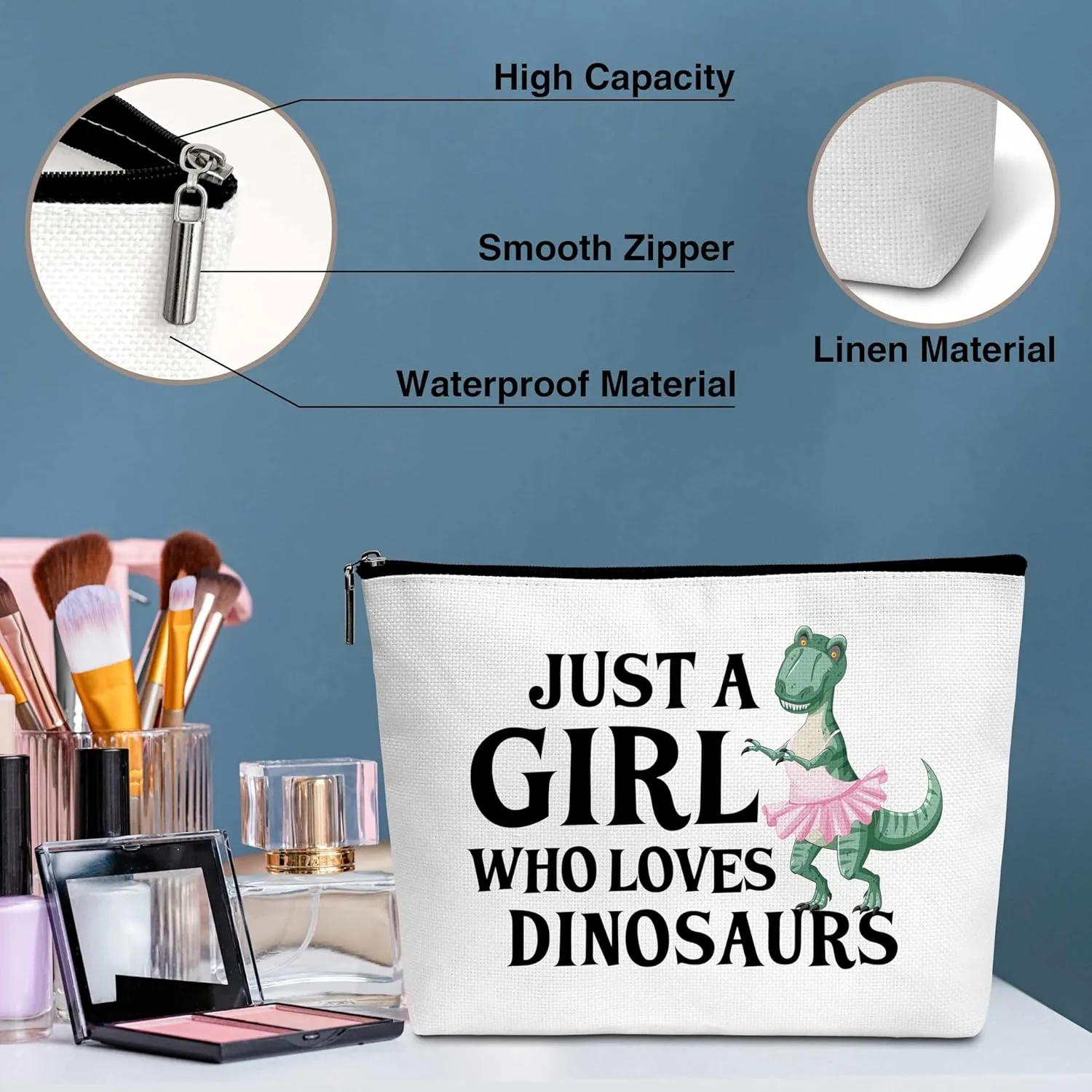 Dinosaur Gifts Makeup Bag, Funny Dinosaur Gifts for Girls Women, Cute Birthday Christmas Gift for Her Bestie Friends Daughter Sister Animal Lover(Just A Girl Who Loves Dinosaurs)-B01
