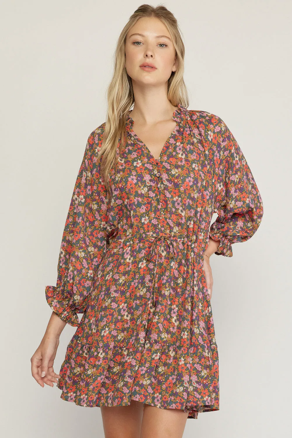 Ditsy Floral Button Detail Tie Waist Flounce Hem Dress