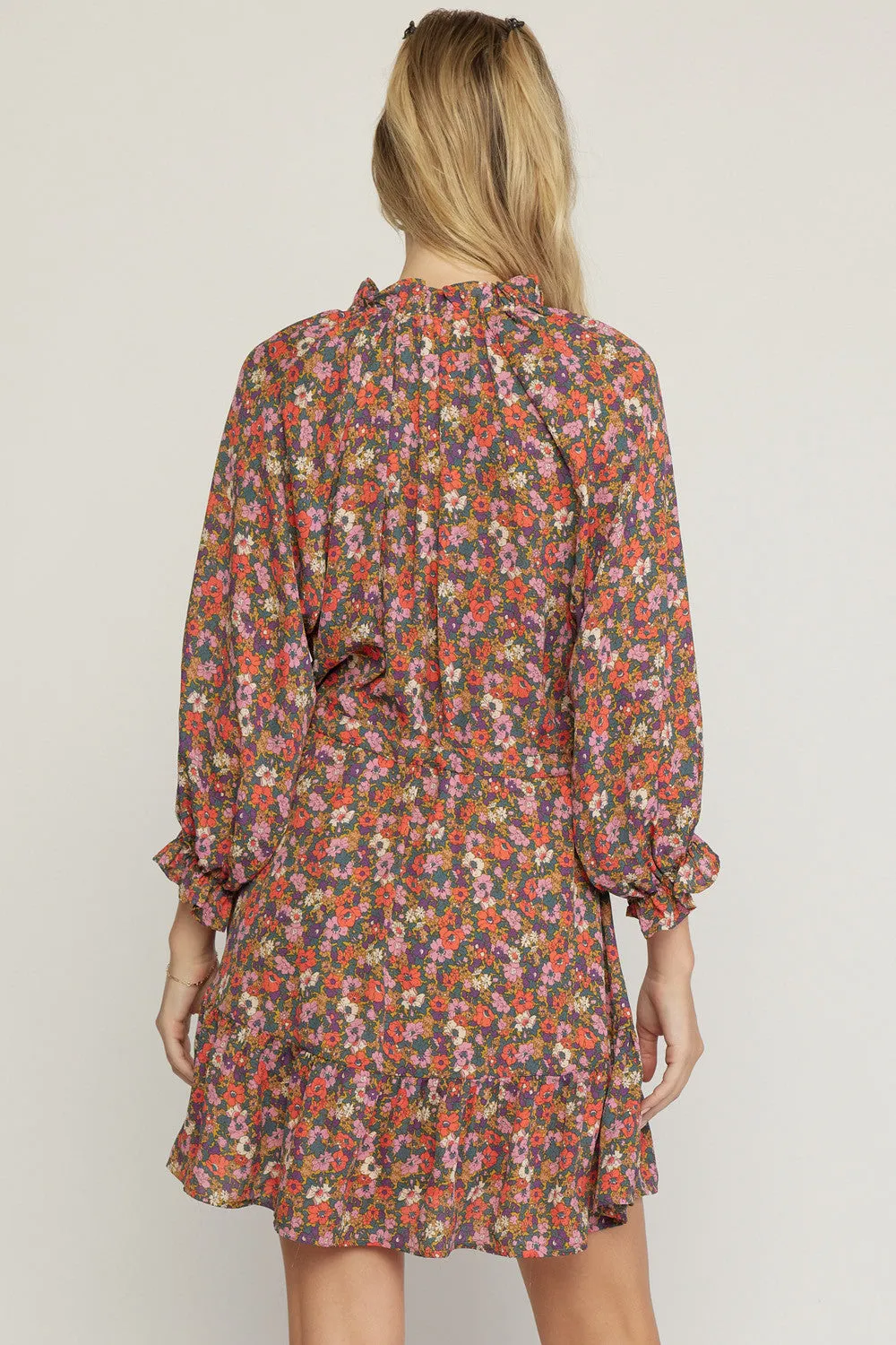 Ditsy Floral Button Detail Tie Waist Flounce Hem Dress