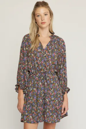 Ditsy Floral Button Detail Tie Waist Flounce Hem Dress