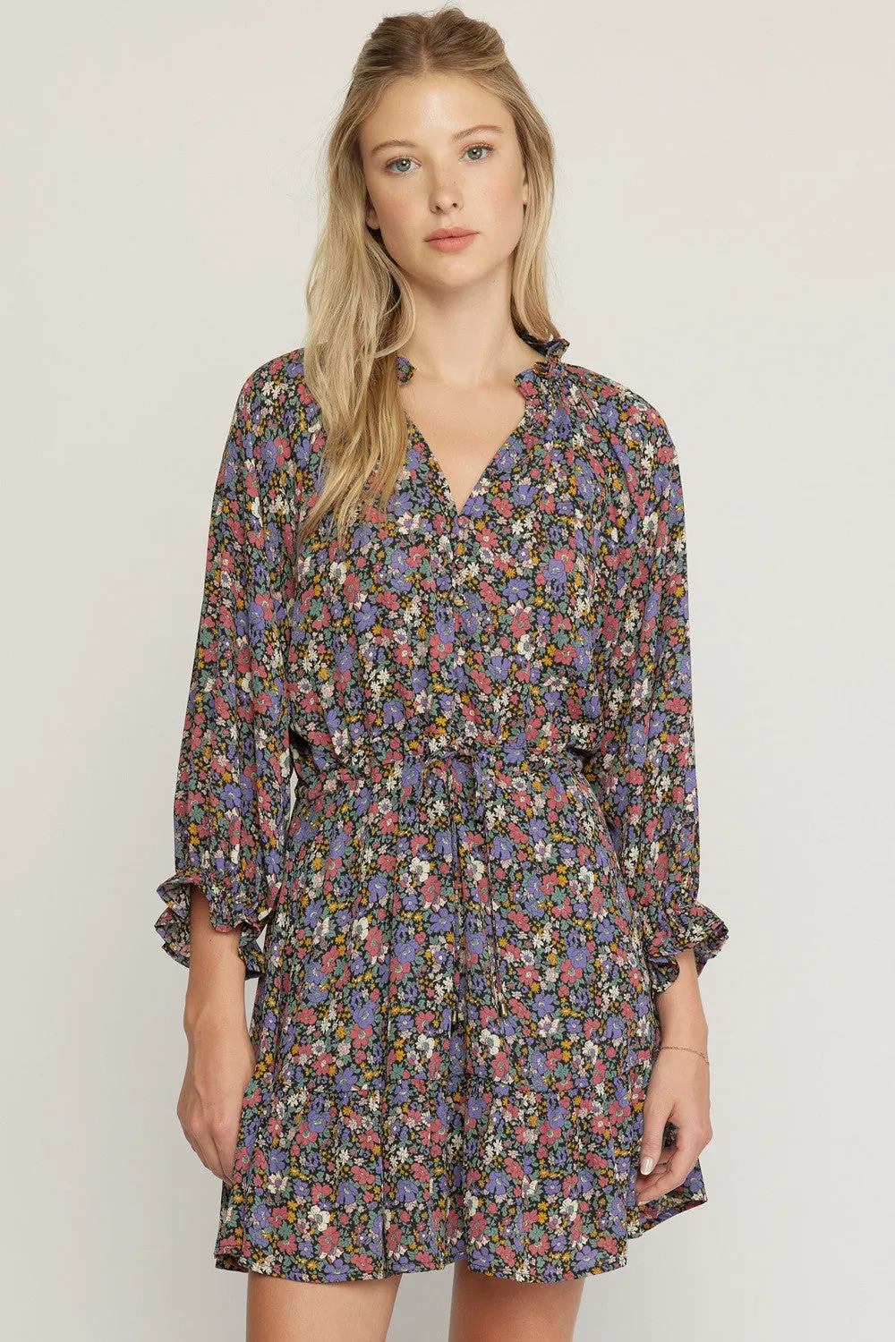 Ditsy Floral Button Detail Tie Waist Flounce Hem Dress