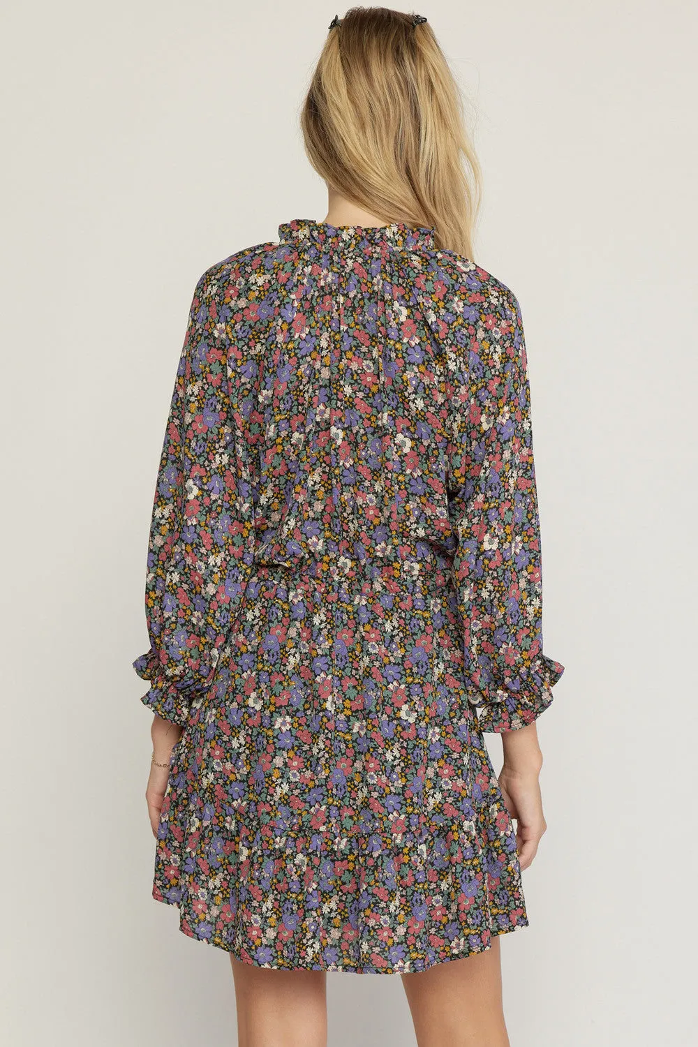 Ditsy Floral Button Detail Tie Waist Flounce Hem Dress