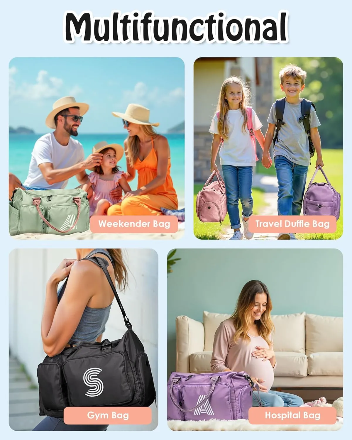 Duffel Bag Women, Initial Travel Duffel Bag, Sports Gym Bag, Personalized Weekender Bag with Shoulder Strap, Monogram Overnight Bag for Women, Gifts for Friends Female Mom