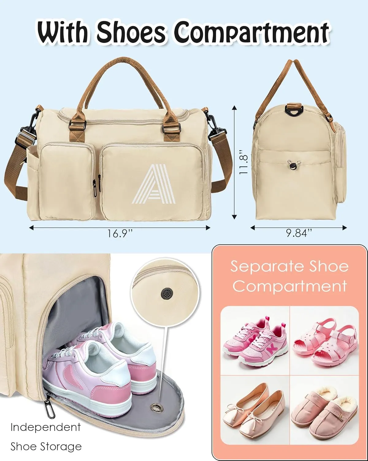 Duffel Bag Women, Initial Travel Duffel Bag, Sports Gym Bag, Personalized Weekender Bag with Shoulder Strap, Monogram Overnight Bag for Women, Gifts for Friends Female Mom