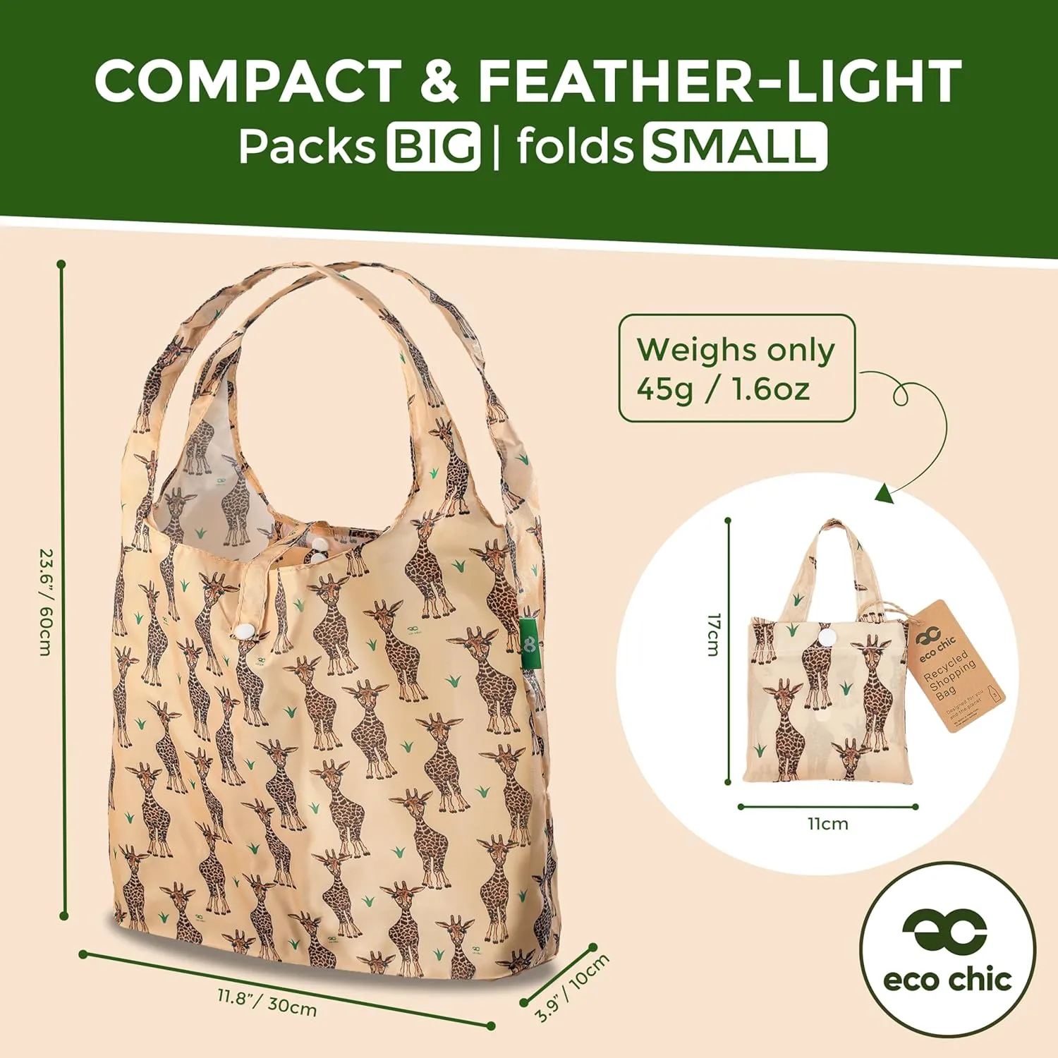 ECO CHIC Foldable Reusable Grocery Bags - Lightweight, Recycled & Reusable Shopping Bag - Waterproof Packable Tote