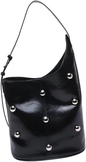 Elegant Slouchy Shoulder Bucket Bag for Women Rivets Beads Studded PU Leather Underarm Handbag with Spacious Interior