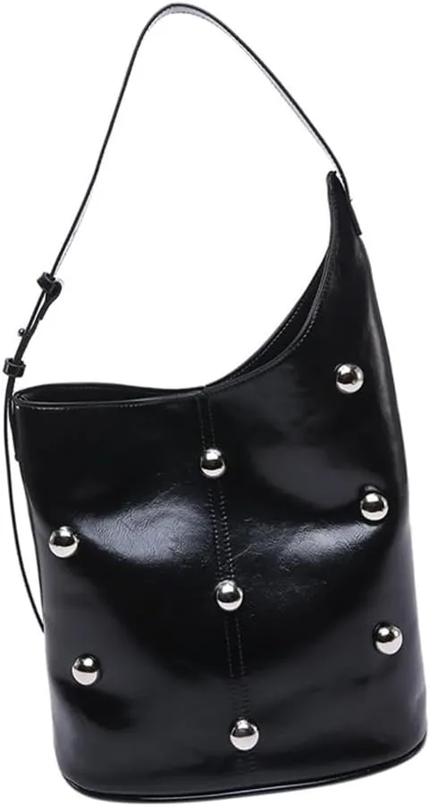 Elegant Slouchy Shoulder Bucket Bag for Women Rivets Beads Studded PU Leather Underarm Handbag with Spacious Interior