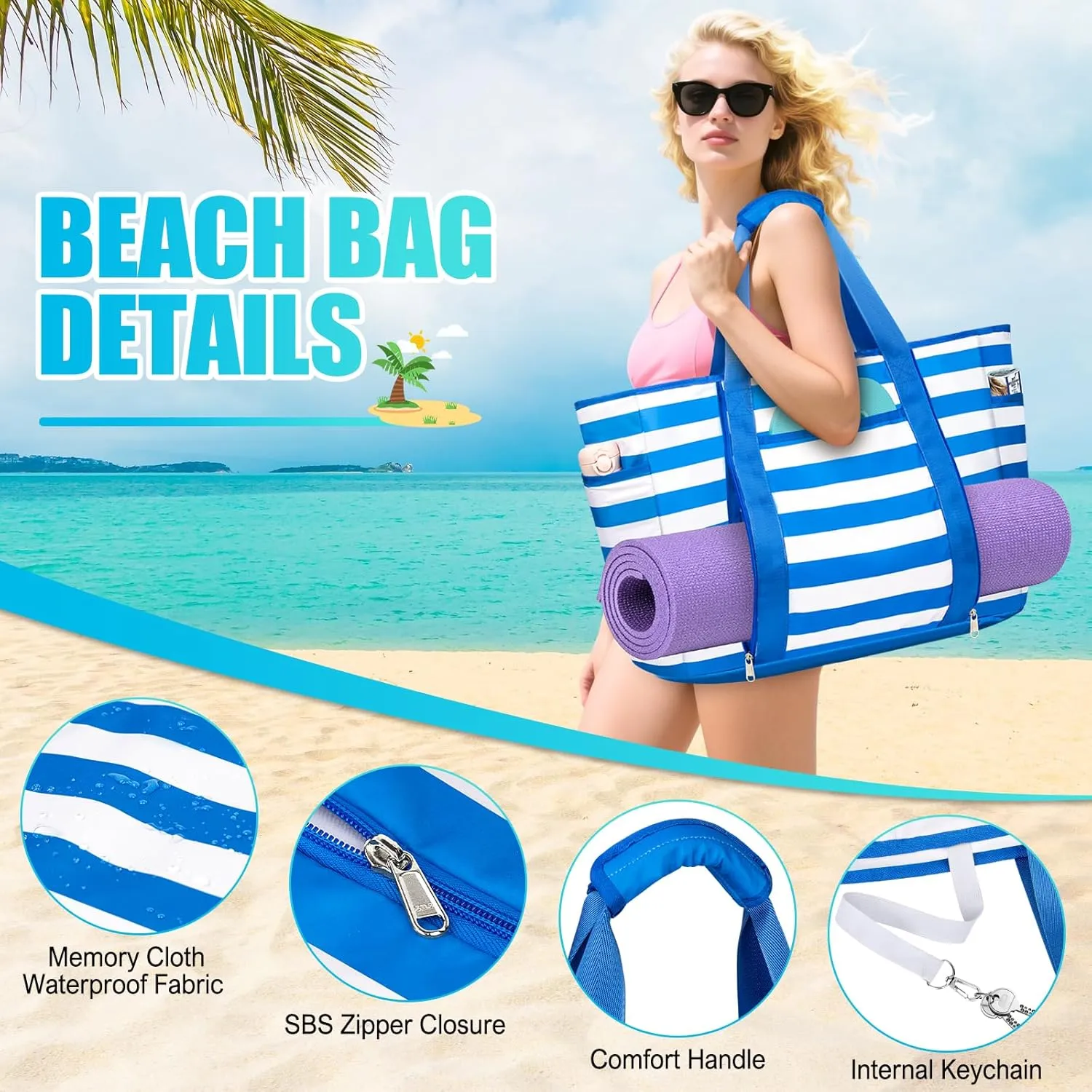 Extra Large Beach Bags for Women, Waterproof Sandproof Beach Tote Bag Foldable Swim Pool Bag with Zipper and Wet Pocket