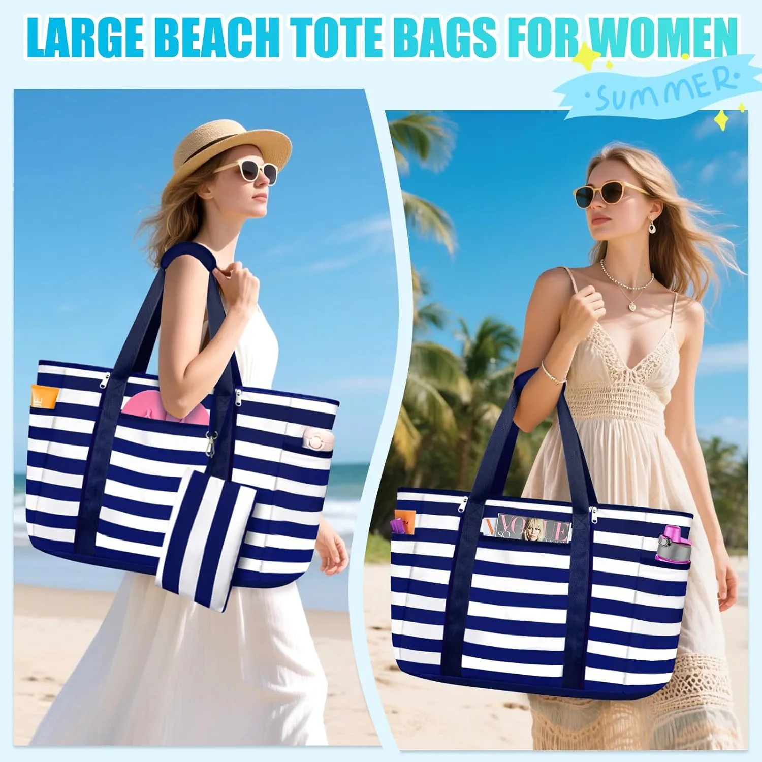 Extra Large Beach Bags for Women, Waterproof Sandproof Beach Tote Bag Foldable Swim Pool Bag with Zipper and Wet Pocket