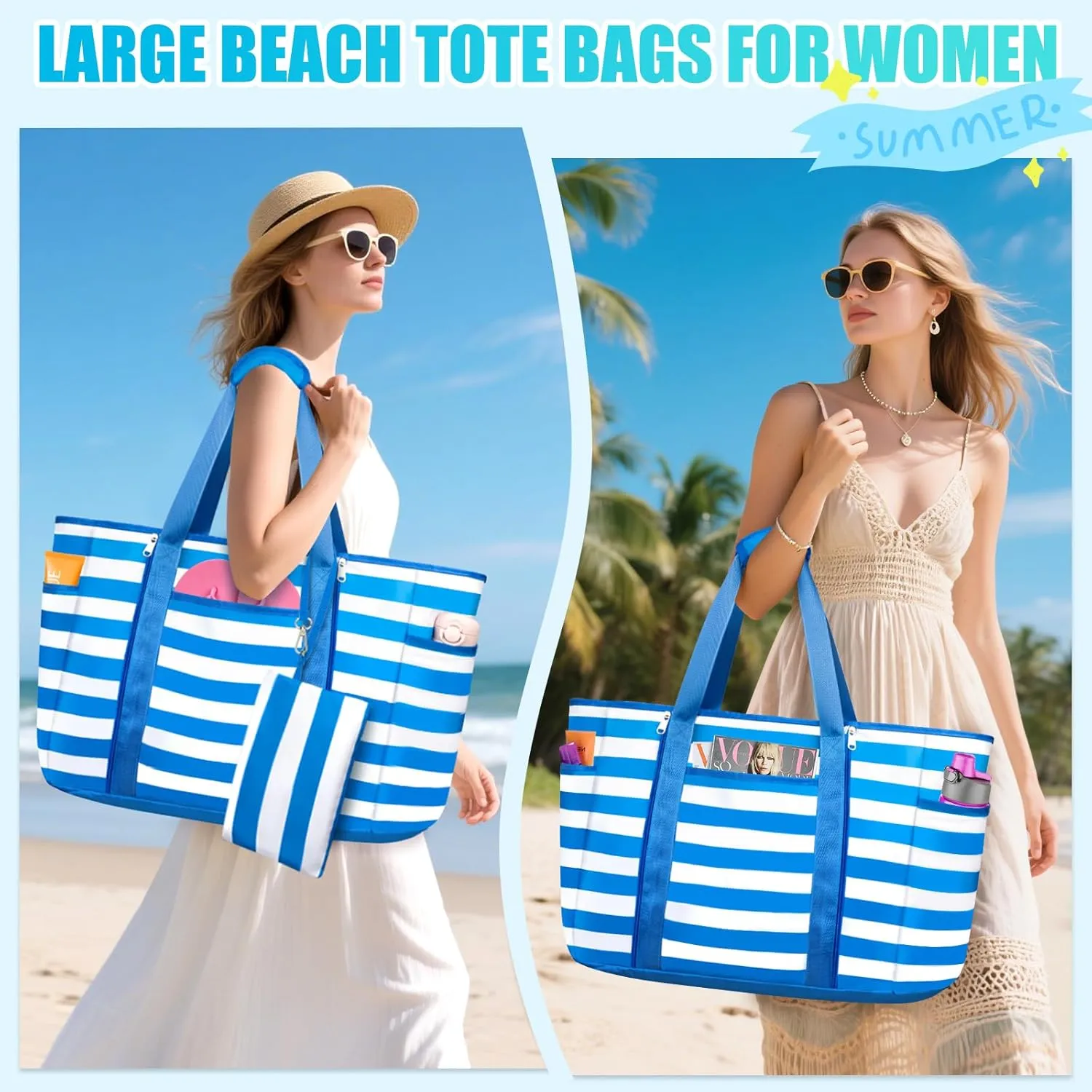 Extra Large Beach Bags for Women, Waterproof Sandproof Beach Tote Bag Foldable Swim Pool Bag with Zipper and Wet Pocket