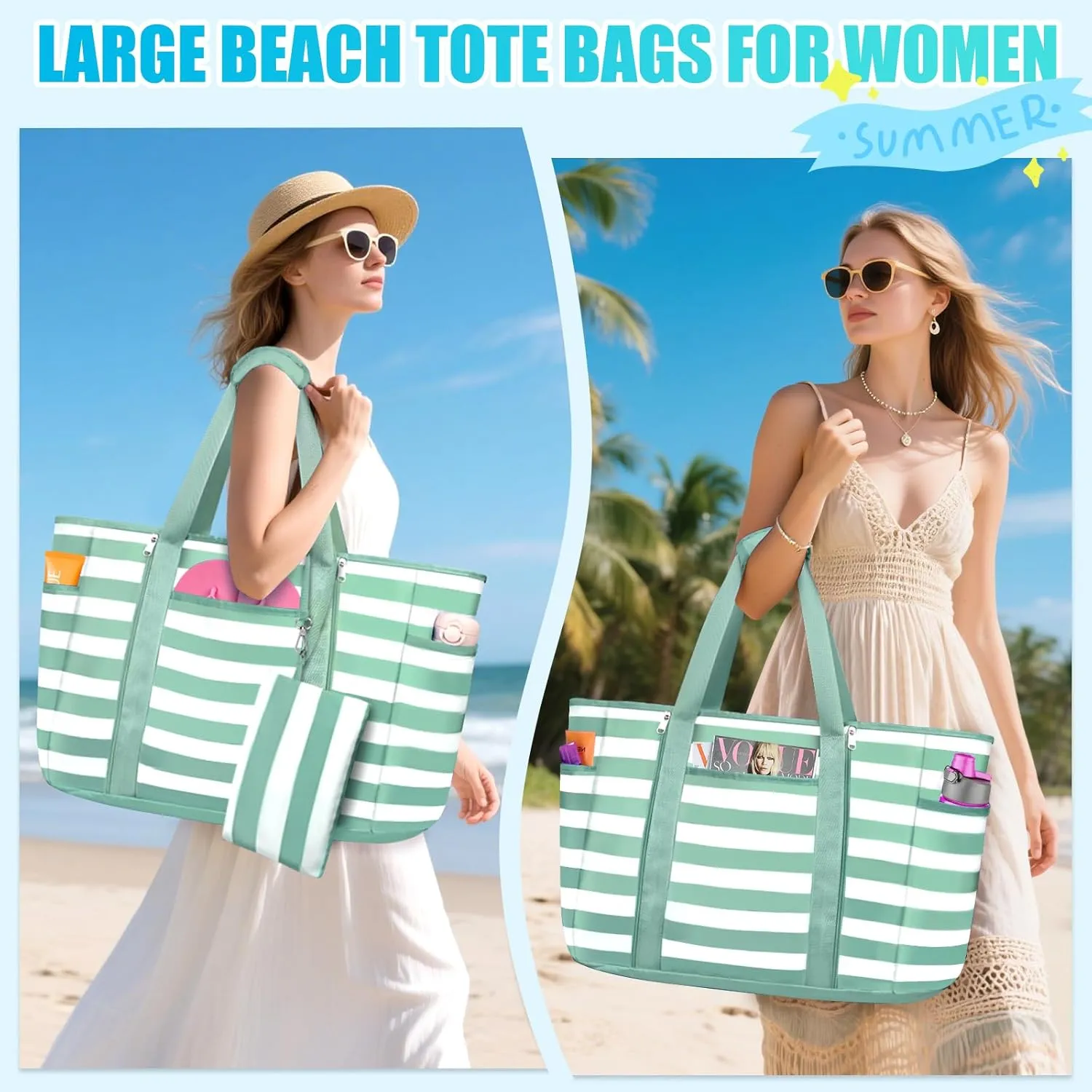 Extra Large Beach Bags for Women, Waterproof Sandproof Beach Tote Bag Foldable Swim Pool Bag with Zipper and Wet Pocket