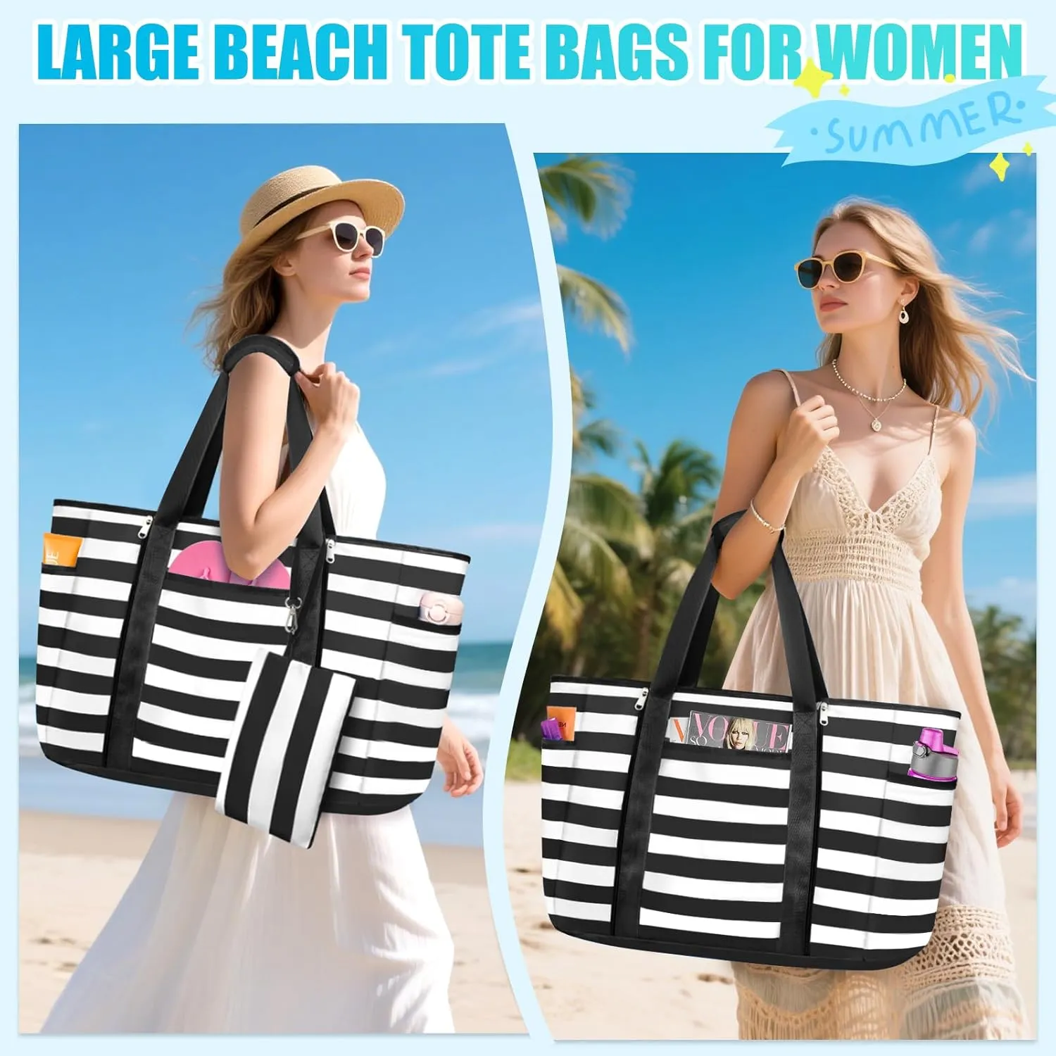 Extra Large Beach Bags for Women, Waterproof Sandproof Beach Tote Bag Foldable Swim Pool Bag with Zipper and Wet Pocket