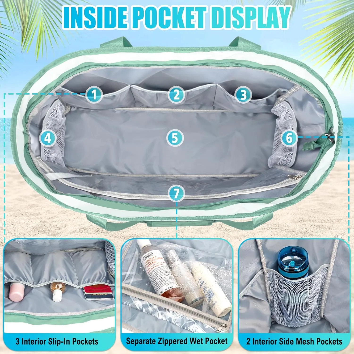 Extra Large Beach Bags for Women, Waterproof Sandproof Beach Tote Bag Foldable Swim Pool Bag with Zipper and Wet Pocket