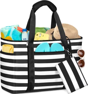 Extra Large Beach Bags for Women, Waterproof Sandproof Beach Tote Bag Foldable Swim Pool Bag with Zipper and Wet Pocket
