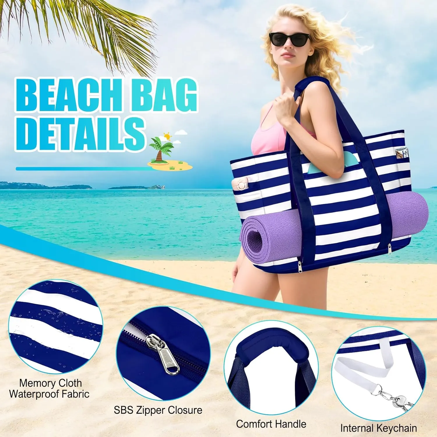 Extra Large Beach Bags for Women, Waterproof Sandproof Beach Tote Bag Foldable Swim Pool Bag with Zipper and Wet Pocket