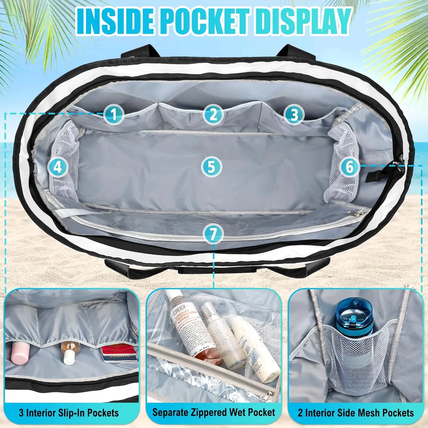 Extra Large Beach Bags for Women, Waterproof Sandproof Beach Tote Bag Foldable Swim Pool Bag with Zipper and Wet Pocket