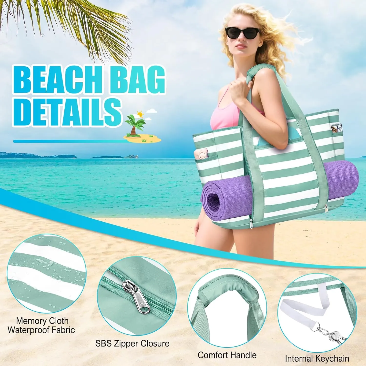 Extra Large Beach Bags for Women, Waterproof Sandproof Beach Tote Bag Foldable Swim Pool Bag with Zipper and Wet Pocket