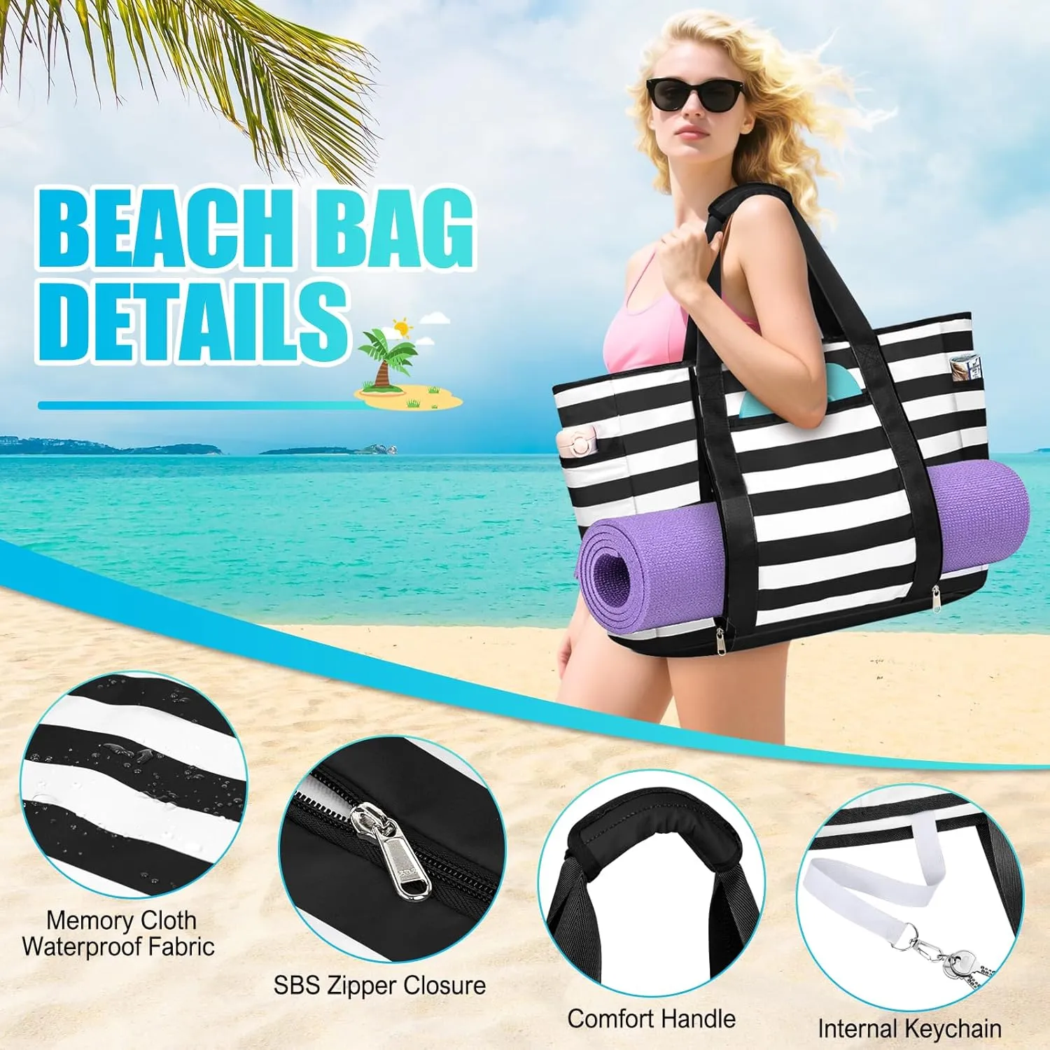 Extra Large Beach Bags for Women, Waterproof Sandproof Beach Tote Bag Foldable Swim Pool Bag with Zipper and Wet Pocket