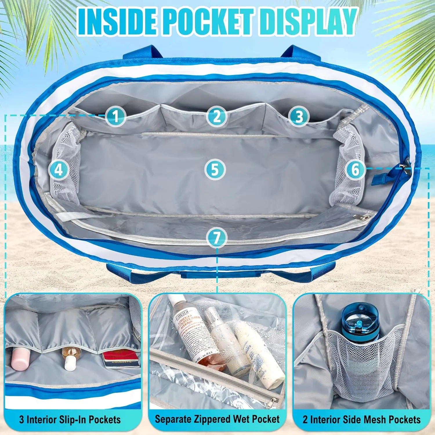 Extra Large Beach Bags for Women, Waterproof Sandproof Beach Tote Bag Foldable Swim Pool Bag with Zipper and Wet Pocket