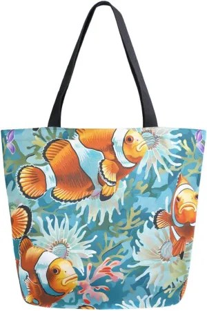 Extra Large Shoulder Tote Bag for Beach Travel Weekender Gym Clownfish Colorful Coral Sea Reusable Grocery Canvas Shopping Bag