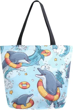 Extra Large Shoulder Tote Bag for Beach Travel Weekender Gym Cute Dolphin Pattern Animals Reusable Grocery Canvas Shopping Bag