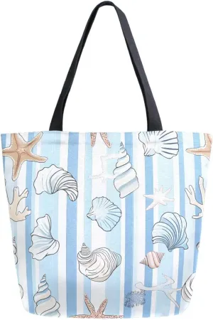 Extra Large Shoulder Tote Bag for Beach Travel Weekender Gym Starfish Shell Pattern Blue Stripe Reusable Grocery Canvas Shopping Bag