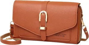 Fashion Classic Women's Mobile Phone Bags Snap Button Hood One Shoulder Double Layer Wallet Crossbody (Brown, One Size)