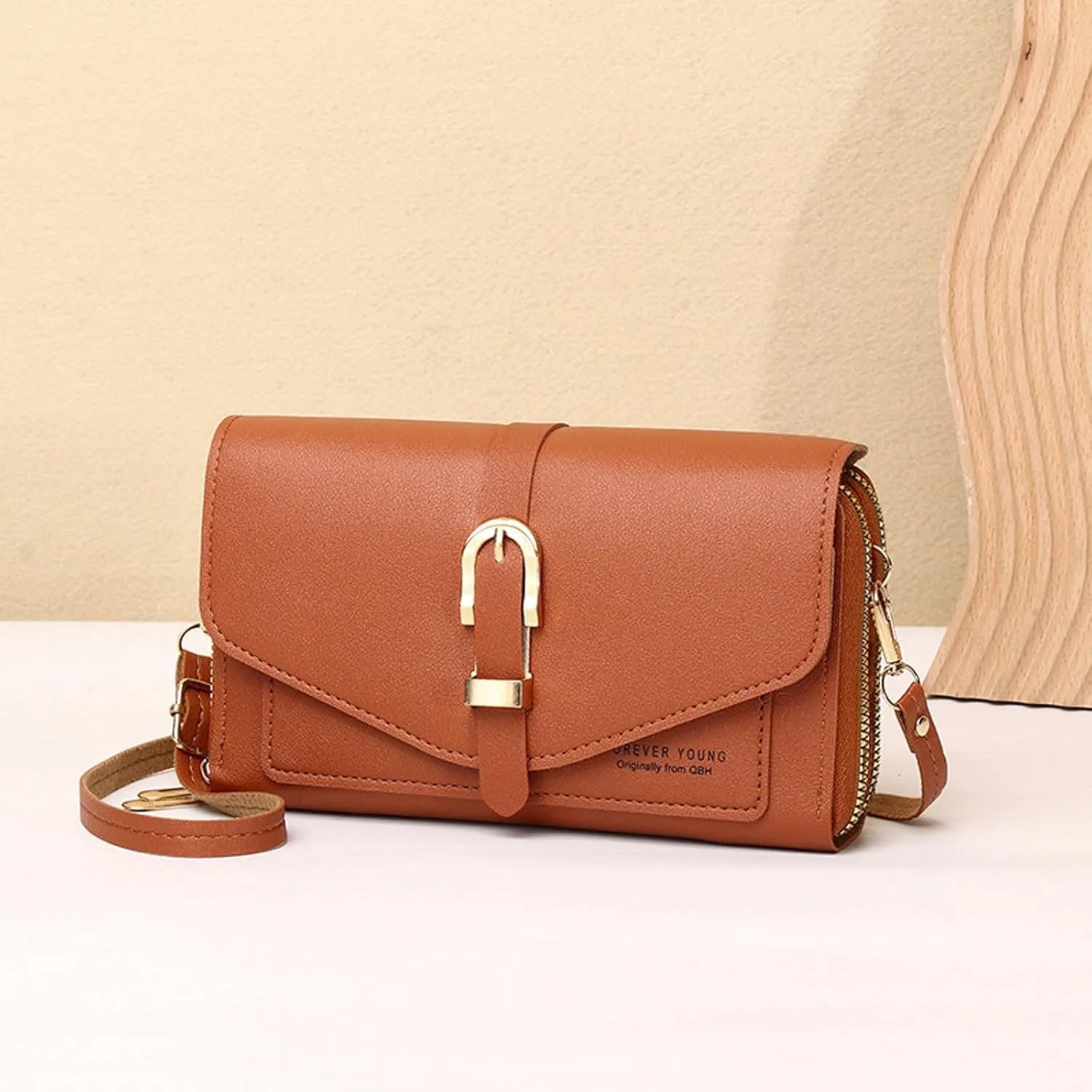 Fashion Classic Women's Mobile Phone Bags Snap Button Hood One Shoulder Double Layer Wallet Crossbody (Brown, One Size)