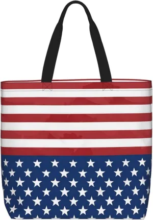 (Flag Stars Stripes) Lightweight Portable Tote Bags Reusable Shoulder Bags For Men Women Shopping Travel Work Daily Use