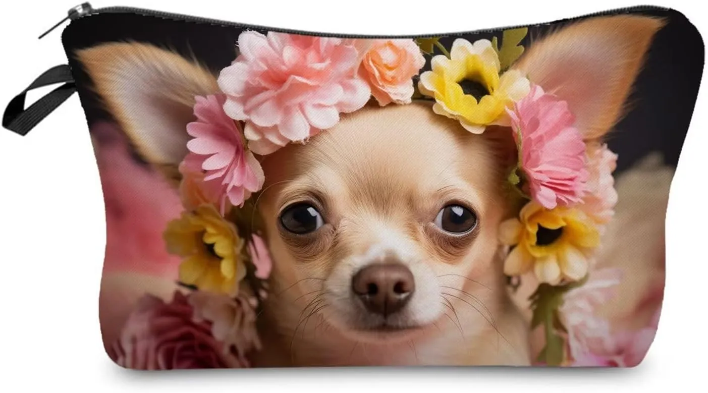 Floral Chihuahua Makeup Bag Cute Small Organizer Bag Toiletry Zipper Pouch Adorable Chihuahua Cosmetic Bag Present for Dog Lovers Chihuahua Mom Women