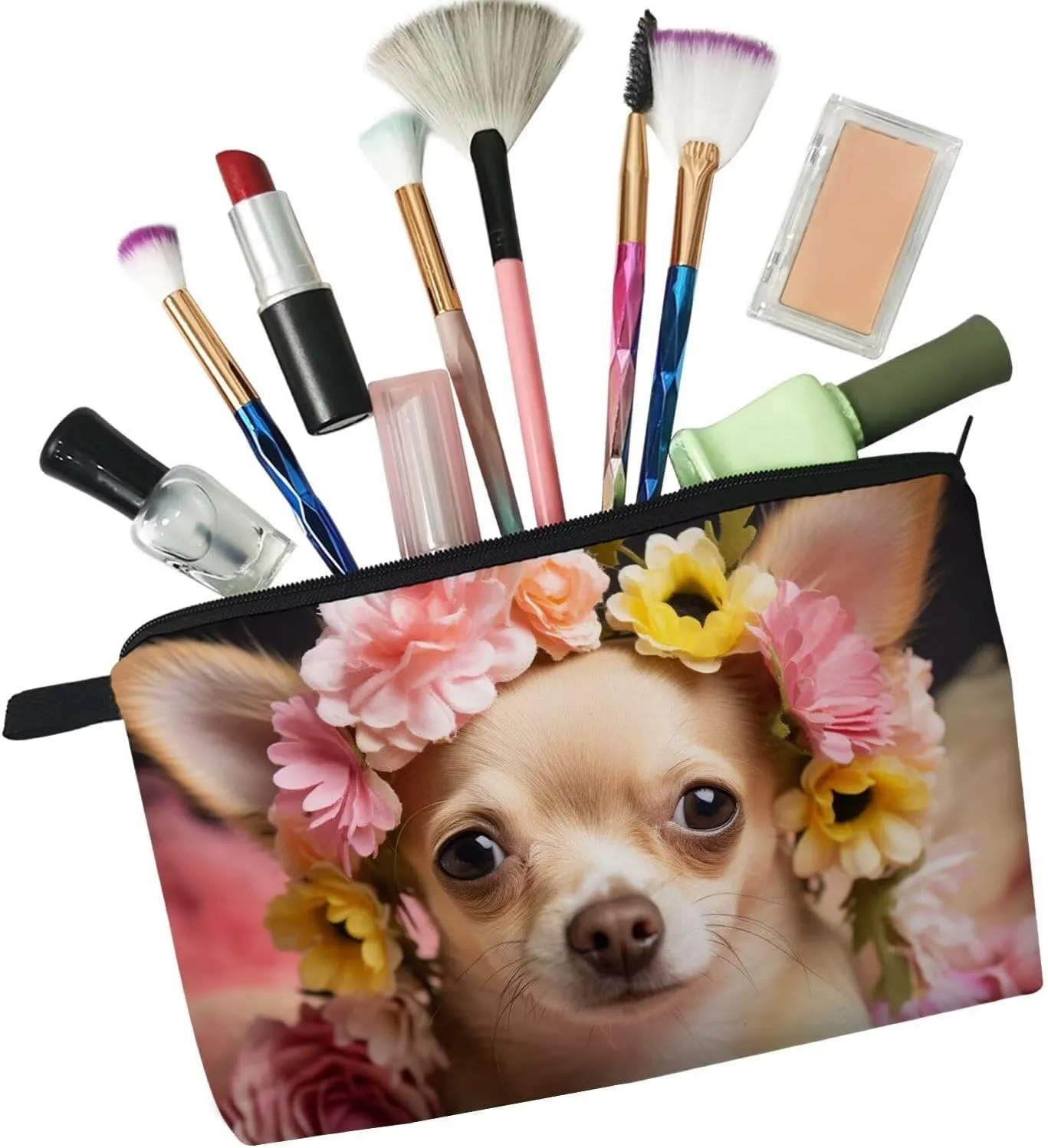Floral Chihuahua Makeup Bag Cute Small Organizer Bag Toiletry Zipper Pouch Adorable Chihuahua Cosmetic Bag Present for Dog Lovers Chihuahua Mom Women