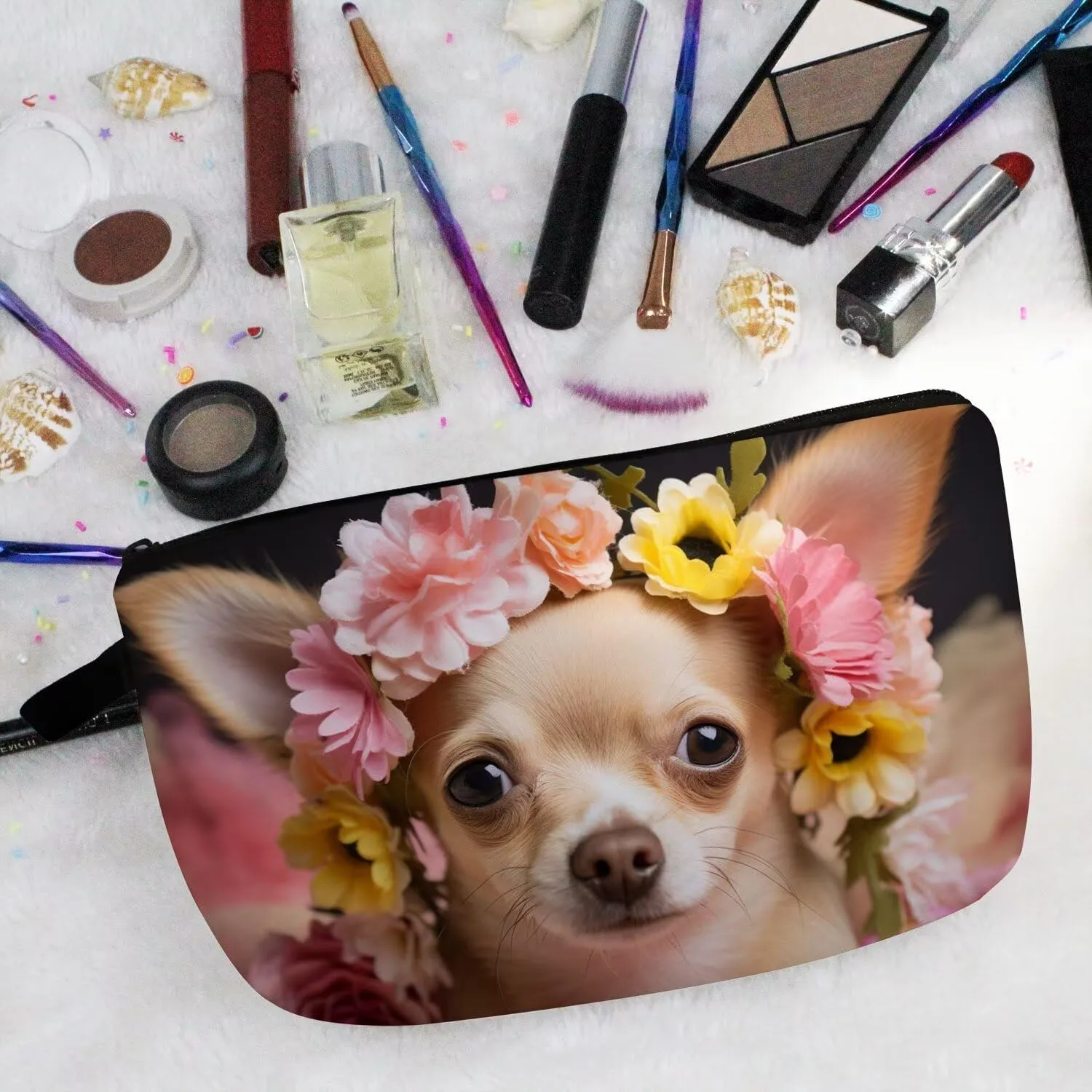 Floral Chihuahua Makeup Bag Cute Small Organizer Bag Toiletry Zipper Pouch Adorable Chihuahua Cosmetic Bag Present for Dog Lovers Chihuahua Mom Women