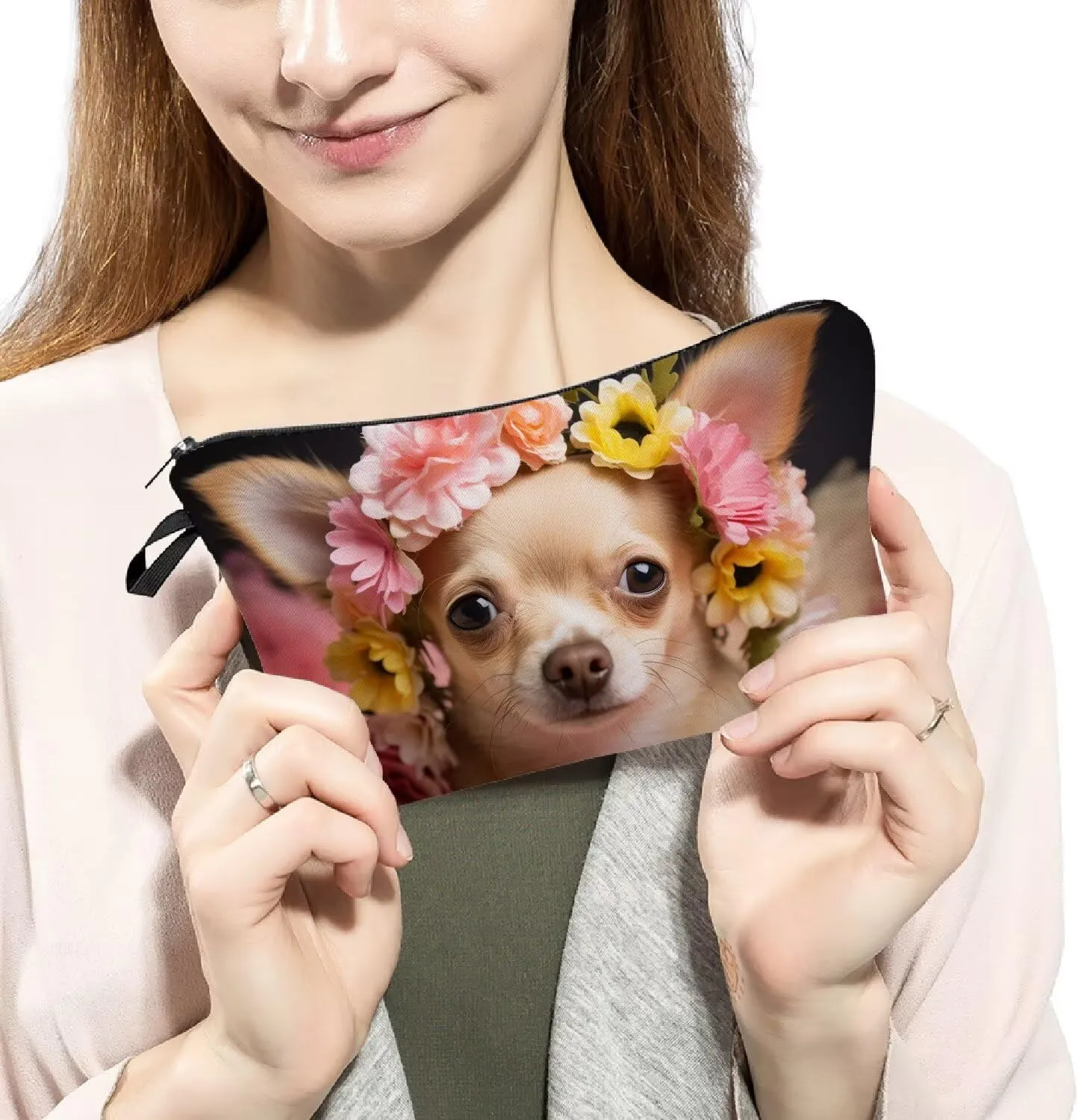 Floral Chihuahua Makeup Bag Cute Small Organizer Bag Toiletry Zipper Pouch Adorable Chihuahua Cosmetic Bag Present for Dog Lovers Chihuahua Mom Women