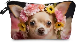 Floral Chihuahua Makeup Bag Cute Small Organizer Bag Toiletry Zipper Pouch Adorable Chihuahua Cosmetic Bag Present for Dog Lovers Chihuahua Mom Women