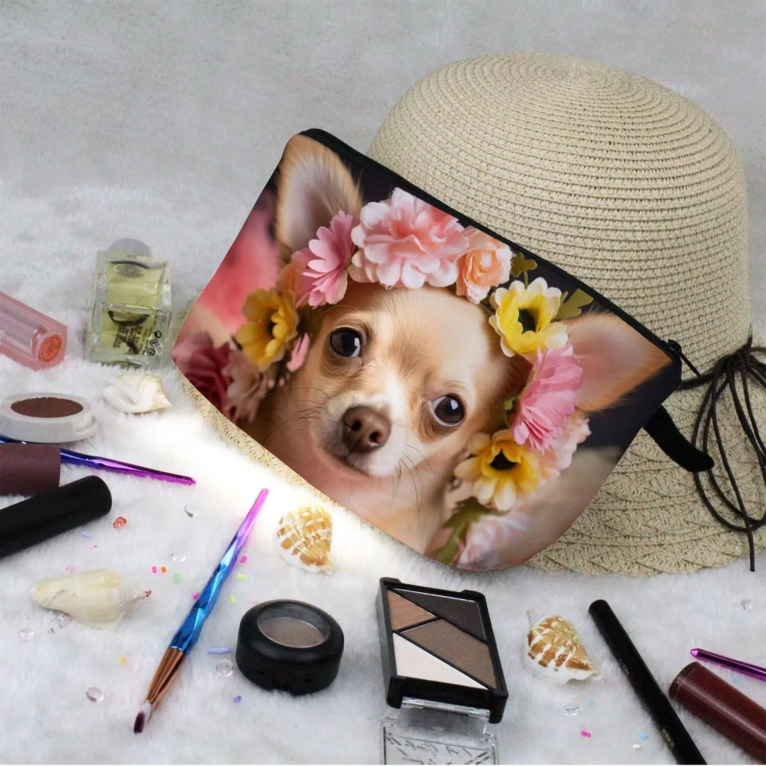 Floral Chihuahua Makeup Bag Cute Small Organizer Bag Toiletry Zipper Pouch Adorable Chihuahua Cosmetic Bag Present for Dog Lovers Chihuahua Mom Women
