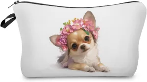 Floral Chihuahua Makeup Bag Small Organizer Bag Toiletry Zipper Pouch Adorable Chihuahua Cosmetic Bag Present for Chihuahua Lovers Chihuahua Mom Women