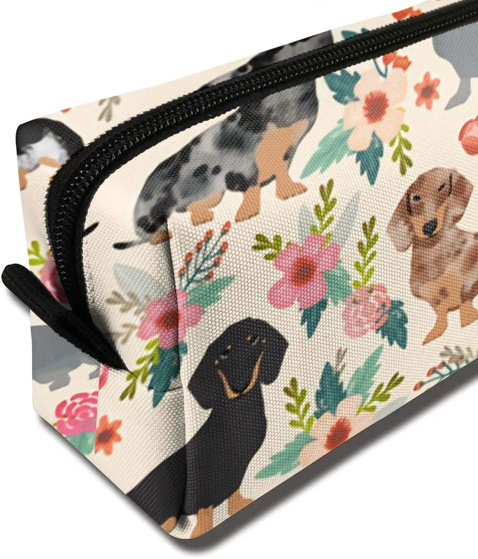 Floral Dachshund Makeup Bag Adorable Travel Cosmetic Toiletry Organizer Case For Women