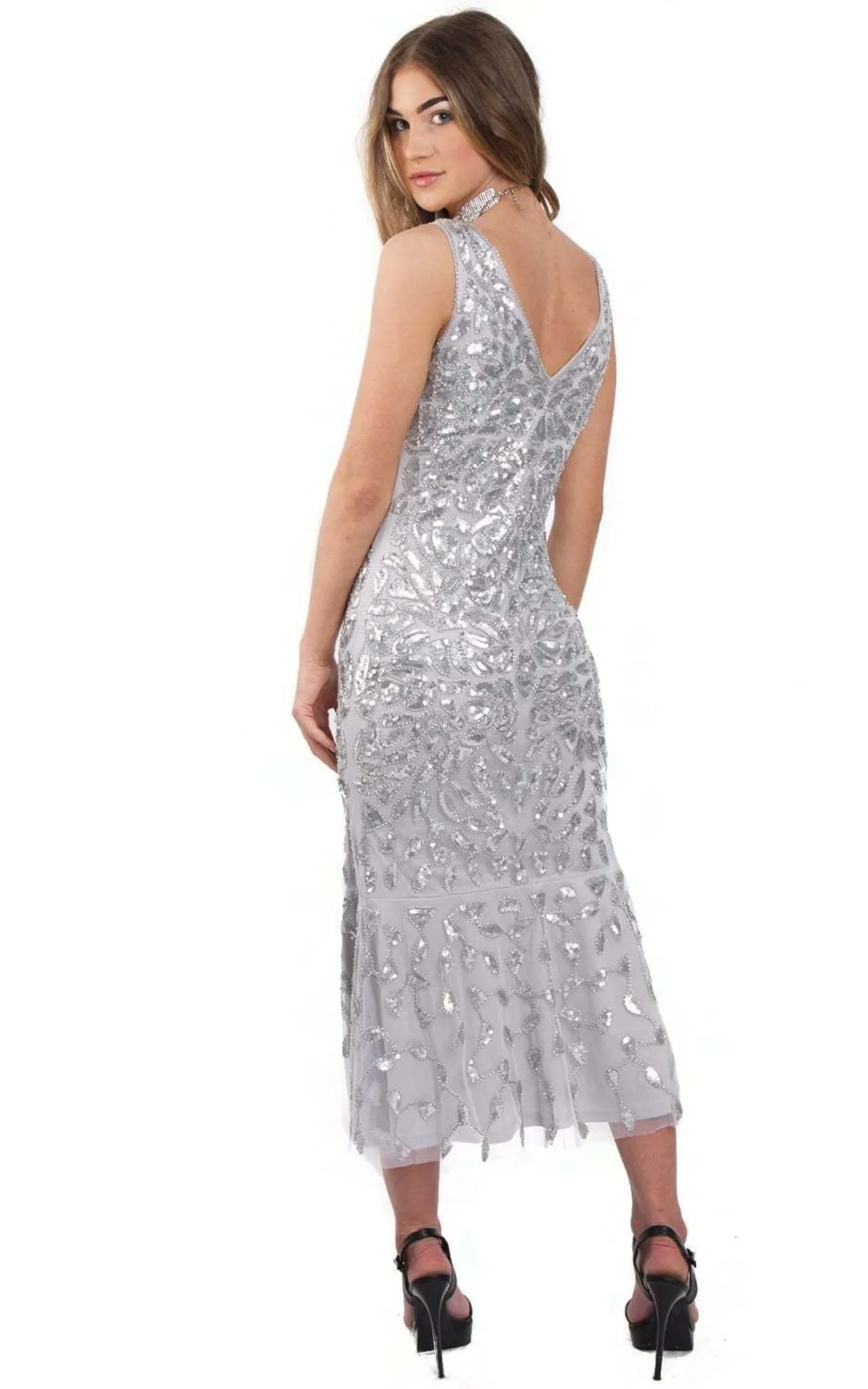 Floral Sequin Fishtail Midi Prom Evening Dress